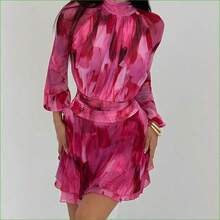 Vestido de manga larga ajustado con silueta de paraguas para mujer, nuevo para otoño/invierno, para uso casual/citas/salidas/maestras, vestido romántico con estampado de teñido anudado en púrpura y cuello alto con lazo en la cintura - Azul - Ver 5