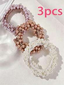 3pcs Sweet And Fresh Faux Pearl Hair Tie With Pearl Bead Hair Accessories, Including Pearl Headband And Hair Ribbon - Multicolor - View 5
