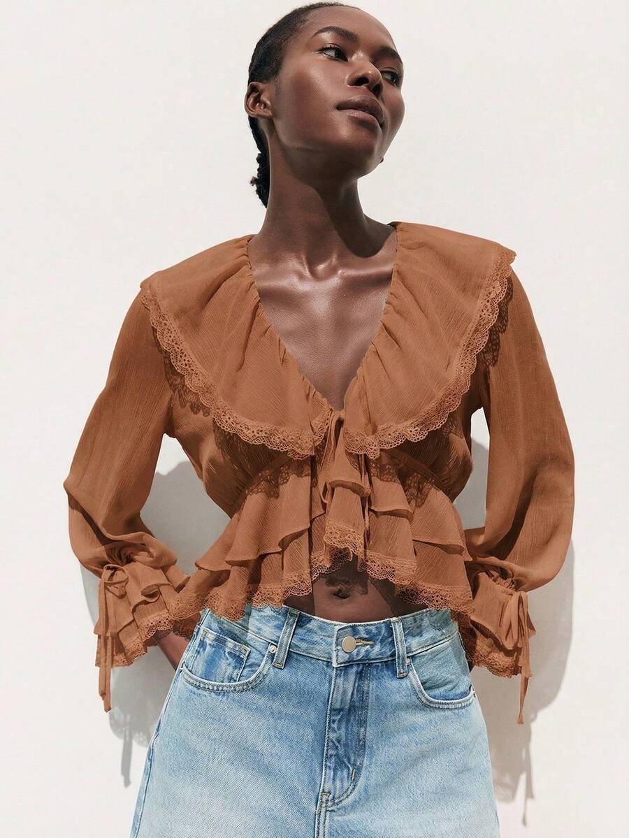 Blusa con botones y mangas con volantes con estampado floral de verano MAIJA - Marrón - Ver 1