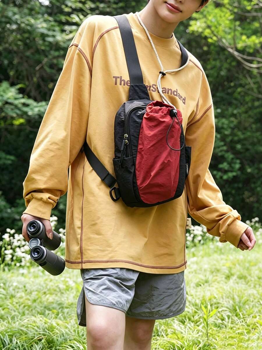 時尚簡約斜背包,尼龍布料,純色,百搭男士休閒胸包 - 黑色 - 查看 1