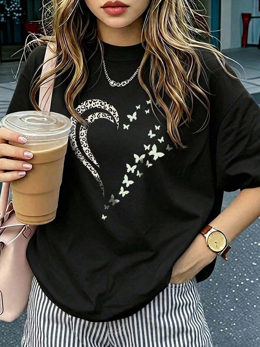 Women's Summer Top With A Simple Slogan Print, Loose Fit, Round Neck, Short Sleeves, Casual Style, Ideal For Vacation. Fashionable Top For Everyday Wear And Holidays. - 黑色 - 查看 1