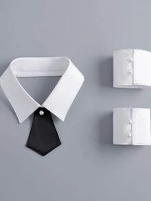 DA FEN QI MI MA 1 Set Classic Point Collar Fake Collar Matching Black Neck Tie And Pearl Decor Cuffs, Detachable Shirt Accessory Set - White Cuffs + White Collar - View 6