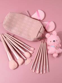 16PCS Soft Makeup Brush Kit, Pink Series Foundation Blush Eyeshadow Brushes With Rhombus Storage Bag, Wet Dry Dual Use Triangle Powder Puffs Included, Complete Cosmetic Tools For Beginners - Pink - View 9