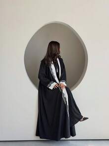 Hafizah Modest Long Dress Black Lace Trim Spliced Premium Coat Black & White Spliced Women's Clothing - Black - View 4