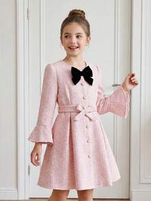 2pcs/Set Princess Dress For Girls 8-12 Years Old, Elegant Style, Pink Tweed + Black Bow On Chest + Pearl Button Front Closure + Detachable Waistband + Flared Sleeve Design + Princess Sleeve, Suitable For Daily Wear / Party - Pink - View 3
