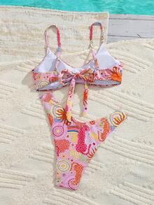 2pcs Women's Bikini Set, Light Pink With Pink Leopard Print Pattern, Spaghetti Strap Top And Triangle Bottoms, Summer Beach Swimwear Vacation - Pink - View 6