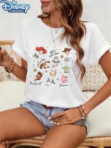 Toy Story Character Print, -Themed Double-Sided Shirt, Women's Casual Round Neck Short Sleeve T-Shirt, Suitable For Spring/Autumn/Summer Wear, Loose - 白色 - 查看 2