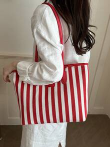 European And American Cross-Border Personalized Large Capacity Striped Minimalist Printed Tote Bag, New Women's Rhombus Commuter Shoulder Bag - Red - View 4