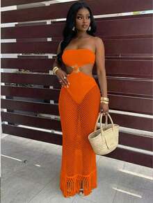 xheBamGleam Vestido de verano para mujer, sexy, de patchwork, de red de pescar y con recortes caladosxhe - Naranja - Ver 1