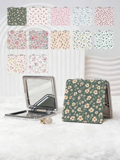 1PC Espelho de Maquilhagem Portátil Série Floral Estilo Pastoral Britânico, Dobrável, Leve, Ultra-Fino, Conveniente, Durável, Couro PU, Adequado para Várias Ocasiões, Viagem, Festa, Trabalho, Escola, Adequado para Todas as Idades, Universal
