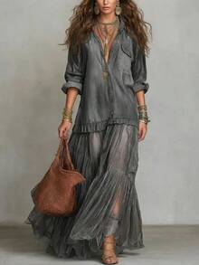 Elegant Boho Two-Piece Co-Ord Set, Oversized Roll-Up Sleeve Shirt With Sheer Tiered Maxi Skirt, Ruffle Trim Detail, Romantic & Effortless Vibe, Perfect For Vacation, Beach Cover-Ups & Casual Outings,  Flowy Set For Women - 綠色 - 查看 2