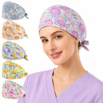 1pc Floral Print Surgical Cap, Work Cap, Nurse Cap, Nursing Accessory, For Women & Men, Elastic Back Strap Design, Sweatband Lining, Sweat-Absorbing & Dust-Proof, Suitable For Doctors, Nurses, Beauticians, Chefs, Veterinarians, Housekeepers, Polyester Fiber, Suitable For School, Office, Home, All Seasons