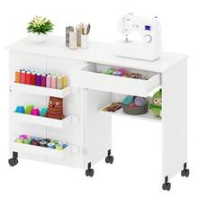 Sewing Table, 2-In-1 Folding Hobby Craft Table, Sewing Machine Desk With Open Storage Shelves And Rolling Casters, Sewings Machine Cabinet Computer Desk Workstation For Home Office - White - View 10