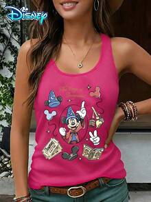 Disney Official Authorization | Women's Casual Round Neck Sleeveless Vest. Based On The Theme Of The Magician Mickey From Fantasia, Combined With Magical Elements And Classic Symbols, It Is Full Of Fantasy Atmosphere And Retro Feeling. It Is A Fun Item For Theme Park Dressing And An Ideal Choice For Showcasing Fairy Tale Style. - Màu Hồng Tươi - Xem 1