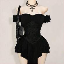 ICON Vestido corto de gasa con volantes en el hombro, cintura fruncida y estampado jacquard para mujer, elegante para fiestas y uso casual - Burdeos - Ver 10