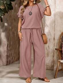 Plus Size Ruffle Collar Patchwork Blouse And Elastic Waist Drawstring Pants Two Pieces Outfit, Boho Casual Vacation Wear, Suitable For Spring/Summer Bohemian Clothes Vacation Two Pieces SetSummer Outfits For Women Wide Leg Pants Set Comfortable Two Piece Set - Dusty Pink - View 1
