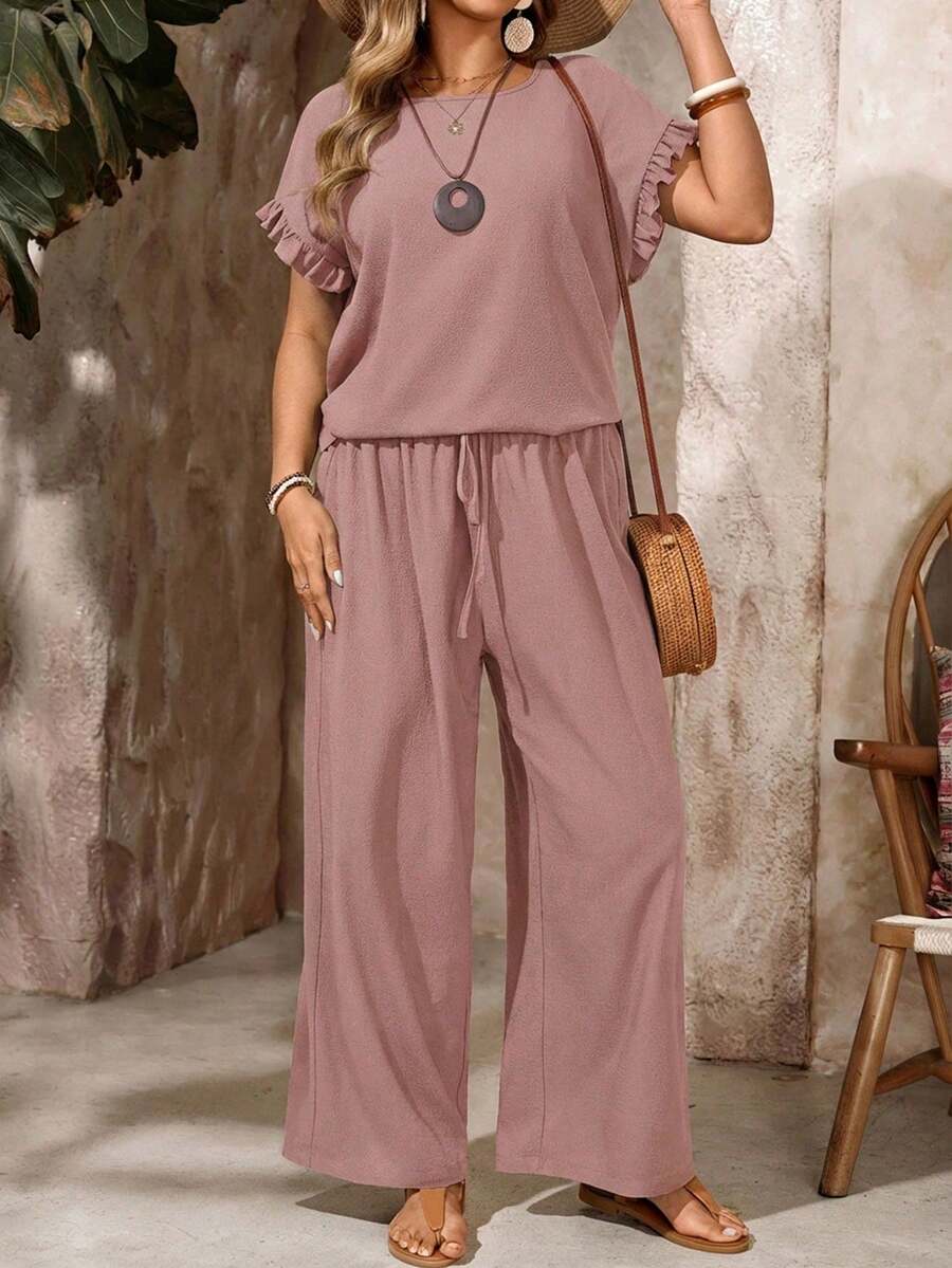 Plus Size Ruffle Collar Patchwork Blouse And Elastic Waist Drawstring Pants Two Pieces Outfit, Boho Casual Vacation Wear, Suitable For Spring/Summer Bohemian Clothes Vacation Two Pieces SetSummer Outfits For Women Wide Leg Pants Set Comfortable Two Piece Set - Dusty Pink - View 1