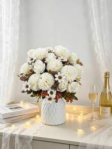 1/3pcs Artificial Rose, Chrysanthemum, Hydrangea Silk Flower Bouquet, Faux Plants For Spring/Autumn Wedding Vase, Home Restaurant Bedroom Decor, Mother's Day, Father's Day, Valentine's Day, Holiday Birthday Party Accessories And Outdoor Garden Decoration - White - View 2