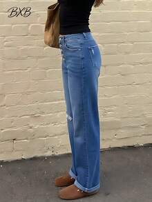 Women's Light Blue Washed High Waist Button Fly Ripped Rolled Hem Straight Leg Jeans Multi Pockets Casual Streetwear Breathable Comfy Daily Vacation All Season Women's Trousers - 藍色 - 查看 3