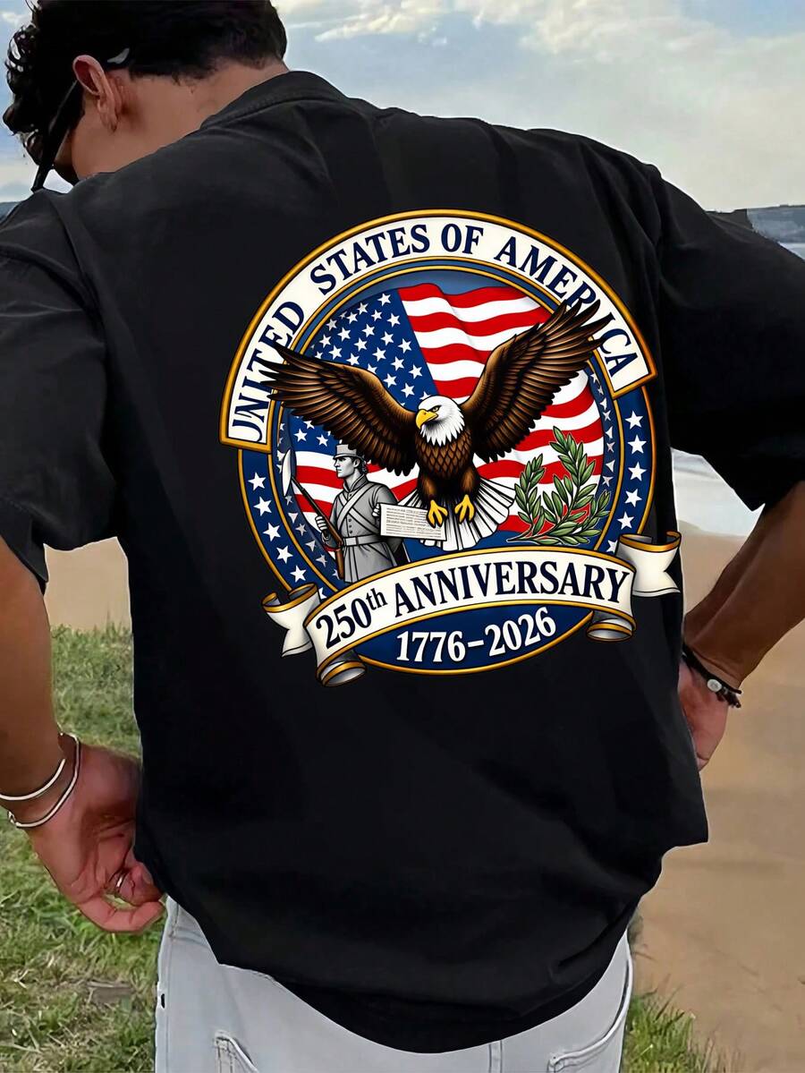 Short-Sleeved Garment With A Simple Frame Pattern For The US 250th Anniversary, For Everyday Wear. R9MW - 無色 - 查看 1
