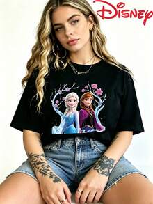 Disney Brand Summer Women's Dress Frozen And Anna Graphic Tee, Casual Black Cotton Round Neck Short Sleeve T-Shirt, Regular Fit - 黑色 - 查看 2