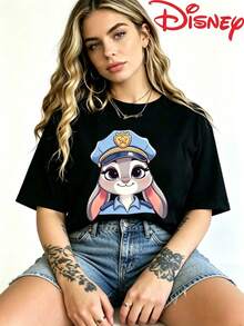 Robe d'été pour femme de marque Disney, T-shirt noir Judy Hopps Bunny, mignon et décontracté, en coton, manches courtes, col rond, style streetwear - Noir - Voir 1