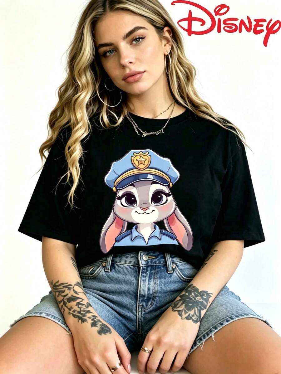 Robe d'été pour femme de marque Disney, T-shirt noir Judy Hopps Bunny, mignon et décontracté, en coton, manches courtes, col rond, style streetwear - Noir - Voir 1
