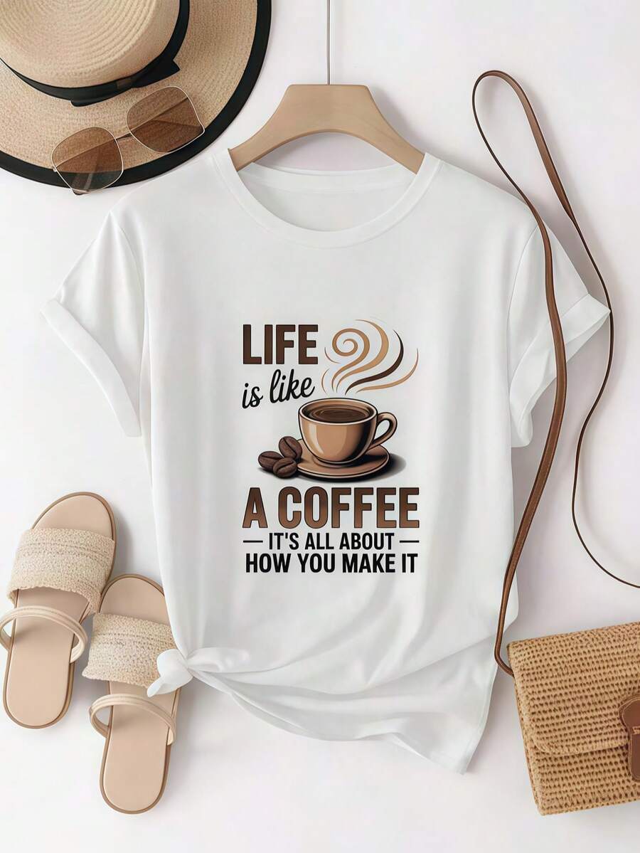 Camiseta Blanca para Mujer con Frase "Life is Like a Coffee", Manga Corta Casual para Amantes del Café - Blanco - Ver 1
