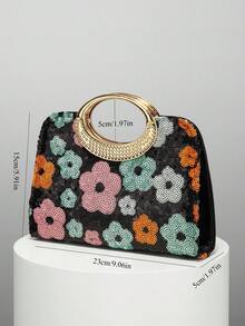 亮片刺繡花卉晚宴手拿包/亮片拼接手提包/單肩包，適合派對女孩/女士/新娘，搭配晚禮服展現奢華感，鏈條肩帶斜背包，適用於舞會、派對、盛會、生日派對，可作為生日禮物、新娘手拿包、婚禮包，隨機剪裁 - 黑色 - 查看 7