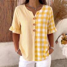 2026 Summer New Casual Printed Plaid And Striped Patchwork Cotton-Linen Short-Sleeve Women's Blouse - Light Blue - View 3