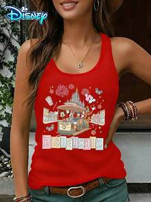 Disney Official Authorization | Women's Casual Round Neck Sleeveless Vest. Themed Around The Main Street Of Disneyland, With Tram Prints Featuring Characters Such As Mickey And Minnie, It Exudes A Vintage And Joyful Atmosphere. It Is A Commemorative Item For Theme Park Travel And An Ideal Choice For Recording Beautiful Memories. - Red - View 1