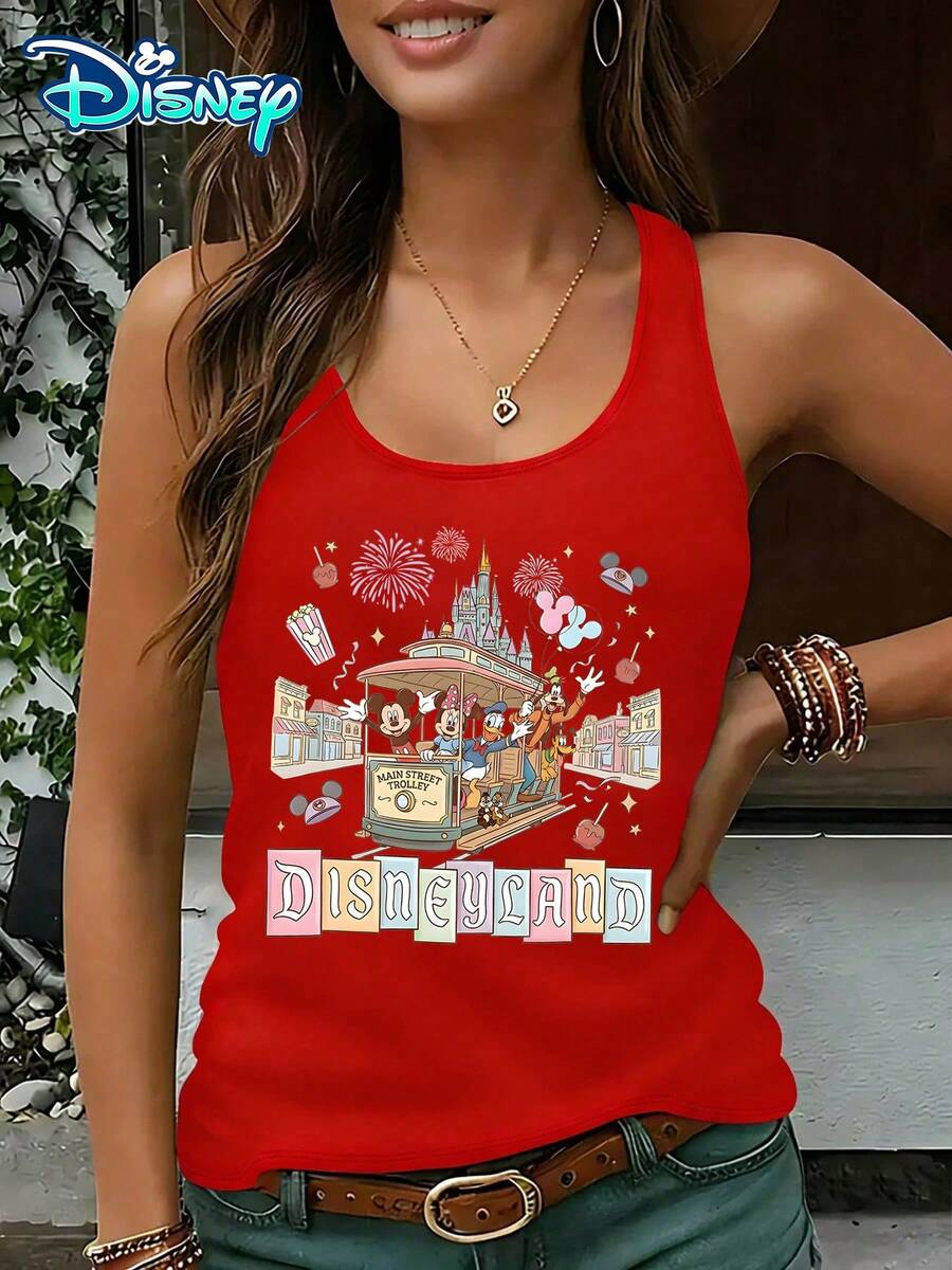 Disney Official Authorization | Women's Casual Round Neck Sleeveless Vest. Themed Around The Main Street Of Disneyland, With Tram Prints Featuring Characters Such As Mickey And Minnie, It Exudes A Vintage And Joyful Atmosphere. It Is A Commemorative Item For Theme Park Travel And An Ideal Choice For Recording Beautiful Memories. - Red - View 1