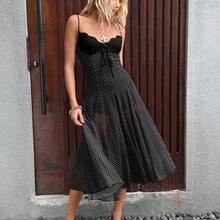 Vestido ajustado de tirantes con lunares negros para mujeres - Café integral - Ver 5