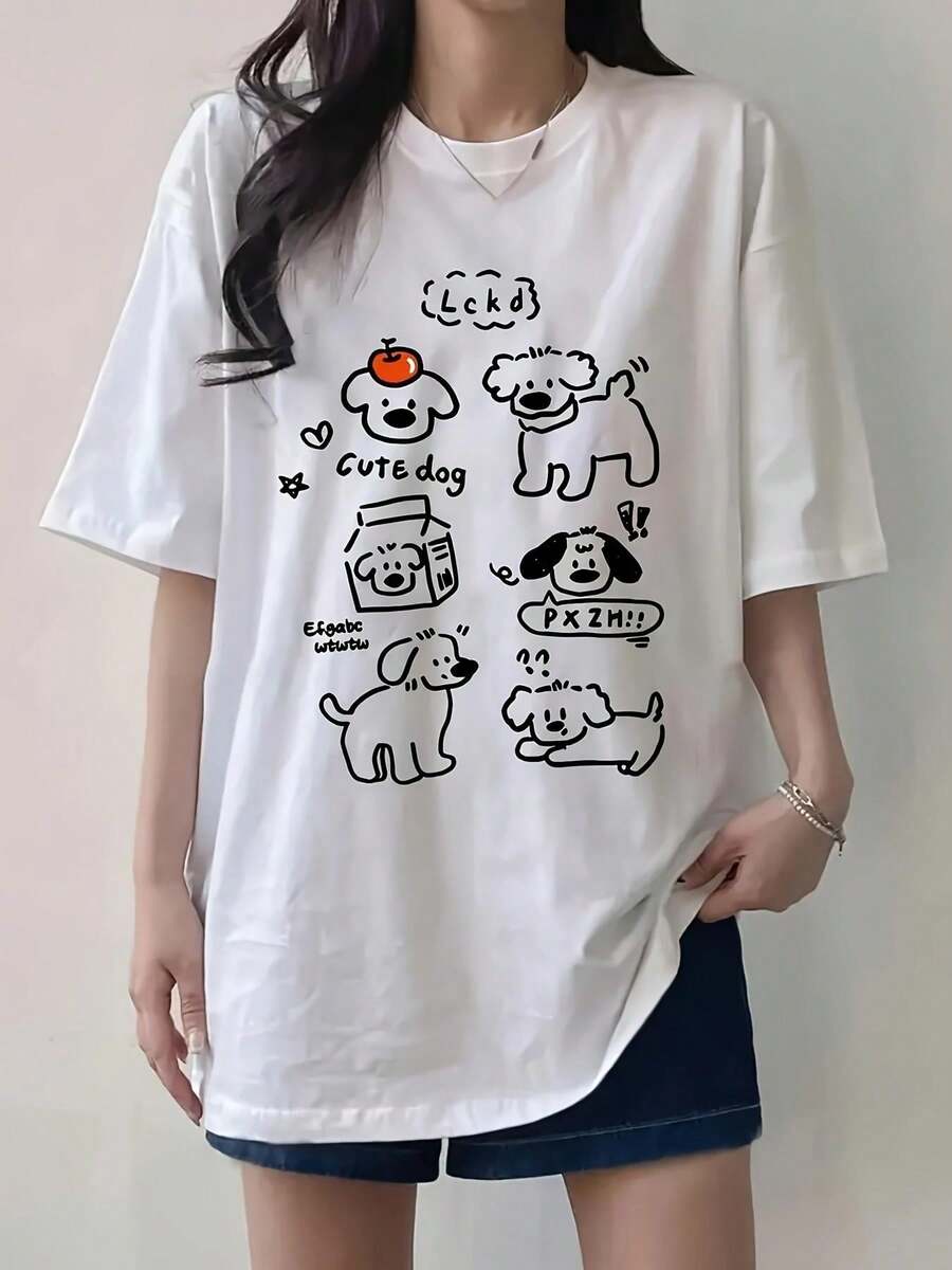 Cute Y2K Summer Top. 1pac. Cute Y2K Summer Top. Women's 100% Cotton T-Shirt, Casual 2000s Style, Loose Fit, Short Sleeves, With Slogan And Puppy Print, Sweet Style, Crew Neck, Unisex, Couples Style. Perfect For A Casual Look. - 白色 - 查看 1
