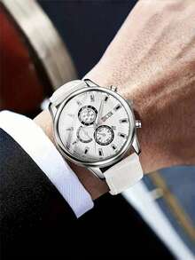 Men's Fashion White PU Leather Quartz Watch, Zinc Alloy Round Case, Suitable For Daily Wear & Work, Great Gift - White - View 3