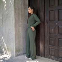 Women's Woolen Set - Pants And Turtleneck Top - Winter - Army Green - View 2