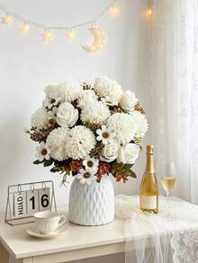1/3pcs Artificial Rose, Chrysanthemum, Hydrangea Silk Flower Bouquet, Faux Plants For Spring/Autumn Wedding Vase, Home Restaurant Bedroom Decor, Mother's Day, Father's Day, Valentine's Day, Holiday Birthday Party Accessories And Outdoor Garden Decoration - White - View 1