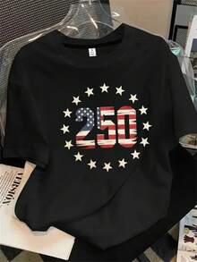 Top de mujer de manga corta y cuello redondo con estampado de la bandera estadounidense, talla 20, apto para todas las estaciones. - Negro - Ver 1