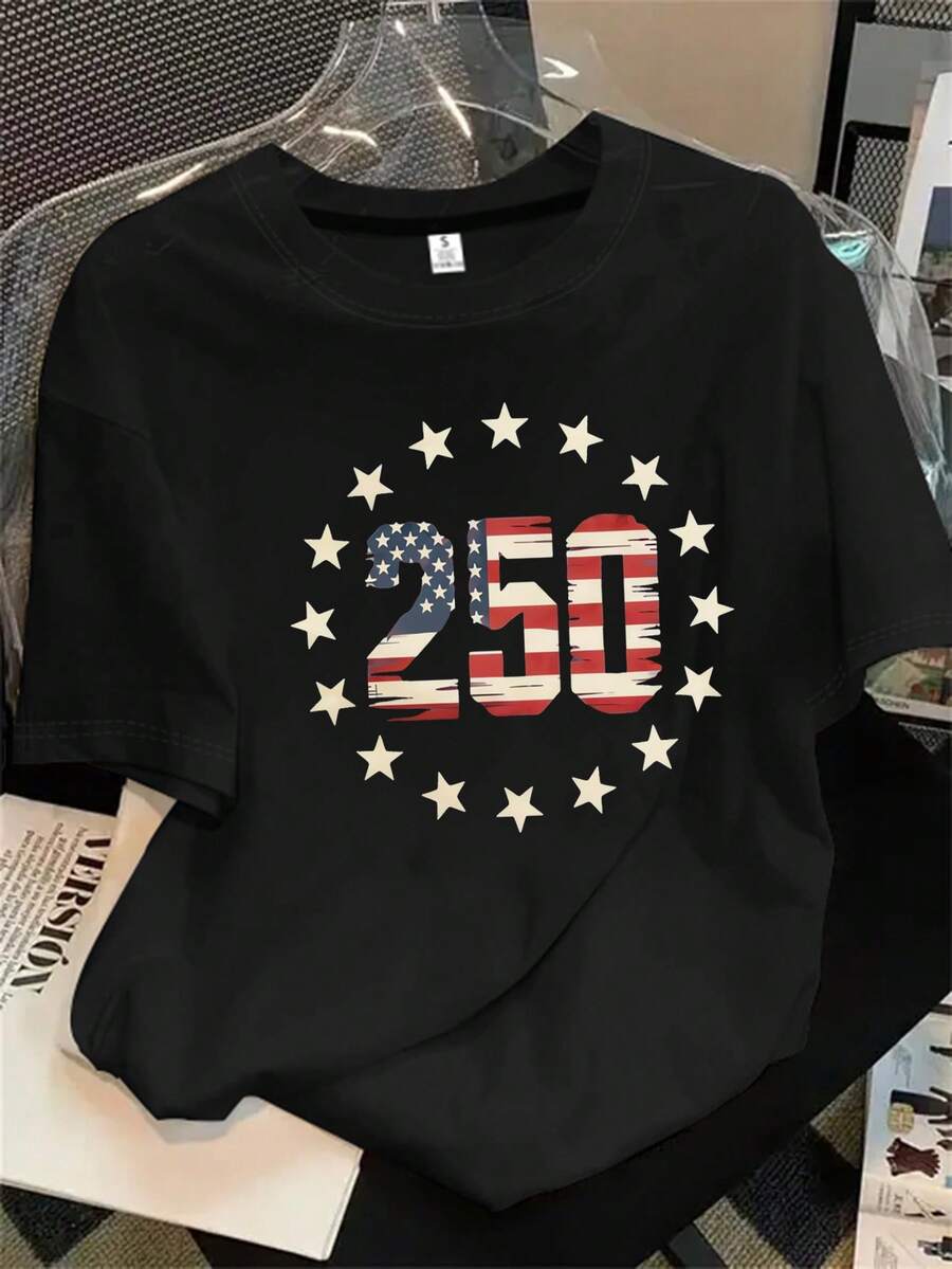 Top de mujer de manga corta y cuello redondo con estampado de la bandera estadounidense, talla 20, apto para todas las estaciones. - Negro - Ver 1