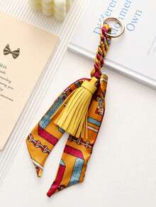 1pc French Style Tassel Scarf Keychain, Luxury Fashion Ribbon Bow Bag Charm, Scarf Tassel Pendant Key Ring, Car Key Decorative Hanging Ornament - Multicolor - View 18
