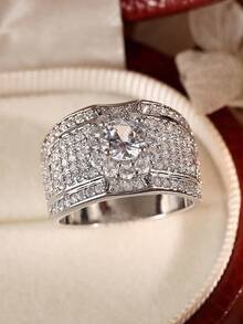 Gift Box Silver Wide Band Ring, Round Cubic Zirconia Center Stone With Pave Round Diamond Accents, Luxury Statement Ring For Women - Silver - View 4