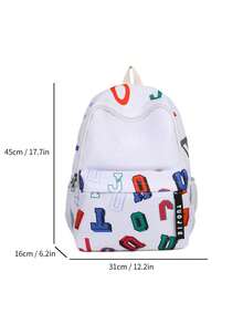 1 pieza Mochila casual de nailon con cierre de cremallera y estampado de letras, adecuada para estudiantes y uso diario en todas las estaciones, unisex - Blanco - Ver 3