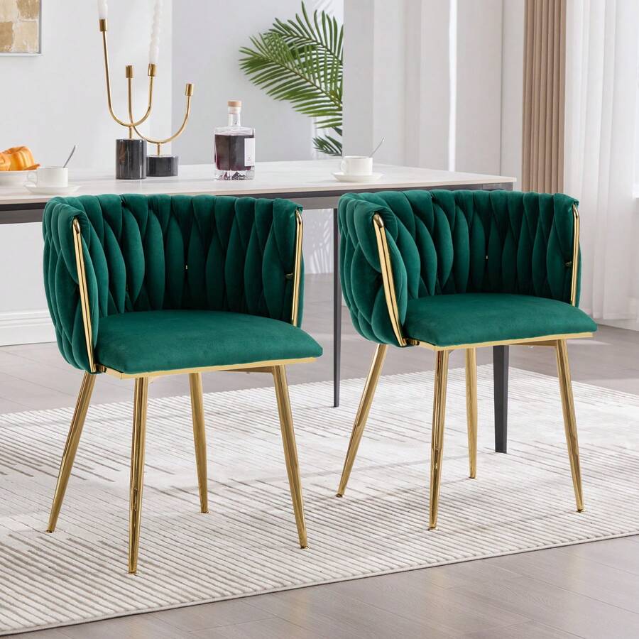 Modern Velvet Dining Chairs Set Of 2, Woven Upholstered Living Room Chairs, Soft Comfortable Elegant Accent Chairs, Ergonomic Curved Backrest With Integrated Armrest Design, High-Resilience Cushion, Gold Metal Legs, Sturdy Metal Frame, Suitable For Living Room, Dining Room, Kitchen Island, Bedroom, Office And Apartment(Emerald) - 墨綠色 - 查看 1