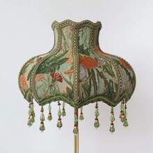 Pantalla de lámpara de tela con estilo de pintura al óleo y jacquard floral, con borla de cuentas verdes, cubierta decorativa de atmósfera para lámpara de mesa de dormitorio vintage francés - Pintura al óleo estilo floral - Ver 3