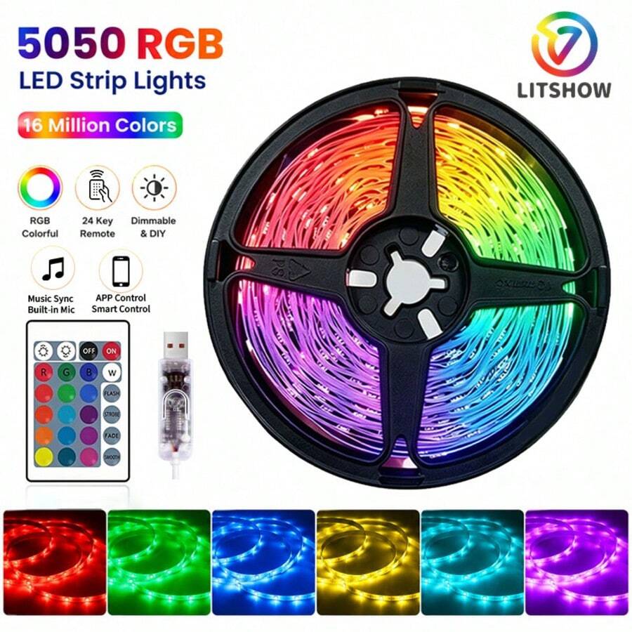 智慧 RGB LED 燈條,3.28英尺至65.6英尺 (1m-20m),附 App 與 44 鍵遙控器,音樂同步變色可調光 LED 燈,適用於臥室、電視、遊戲、房間裝飾 - 幻彩24鍵遙控+APP控制 - 查看 1