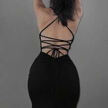 Vestido elegante de unicolor y sexy con espalda descubierta y abertura alta, para fiestas y eventos casuales de verano en color negro - Café integral - Ver 5
