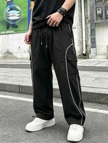 American Streetwear Style Black Background White Line Graphic Drawstring Waist Loose Straight Leg Casual Pants For Men - Black - View 1