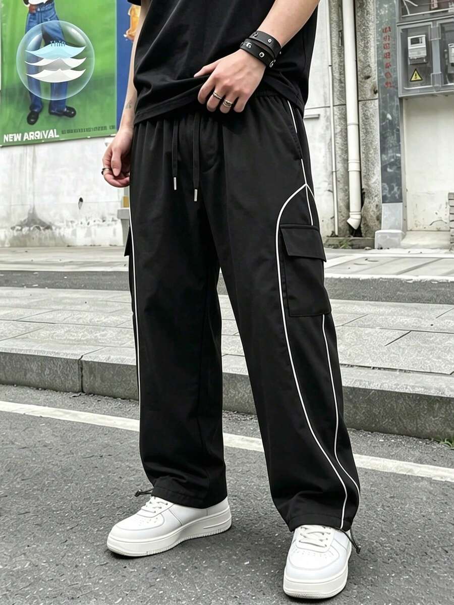 American Streetwear Style Black Background White Line Graphic Drawstring Waist Loose Straight Leg Casual Pants For Men - Black - View 1