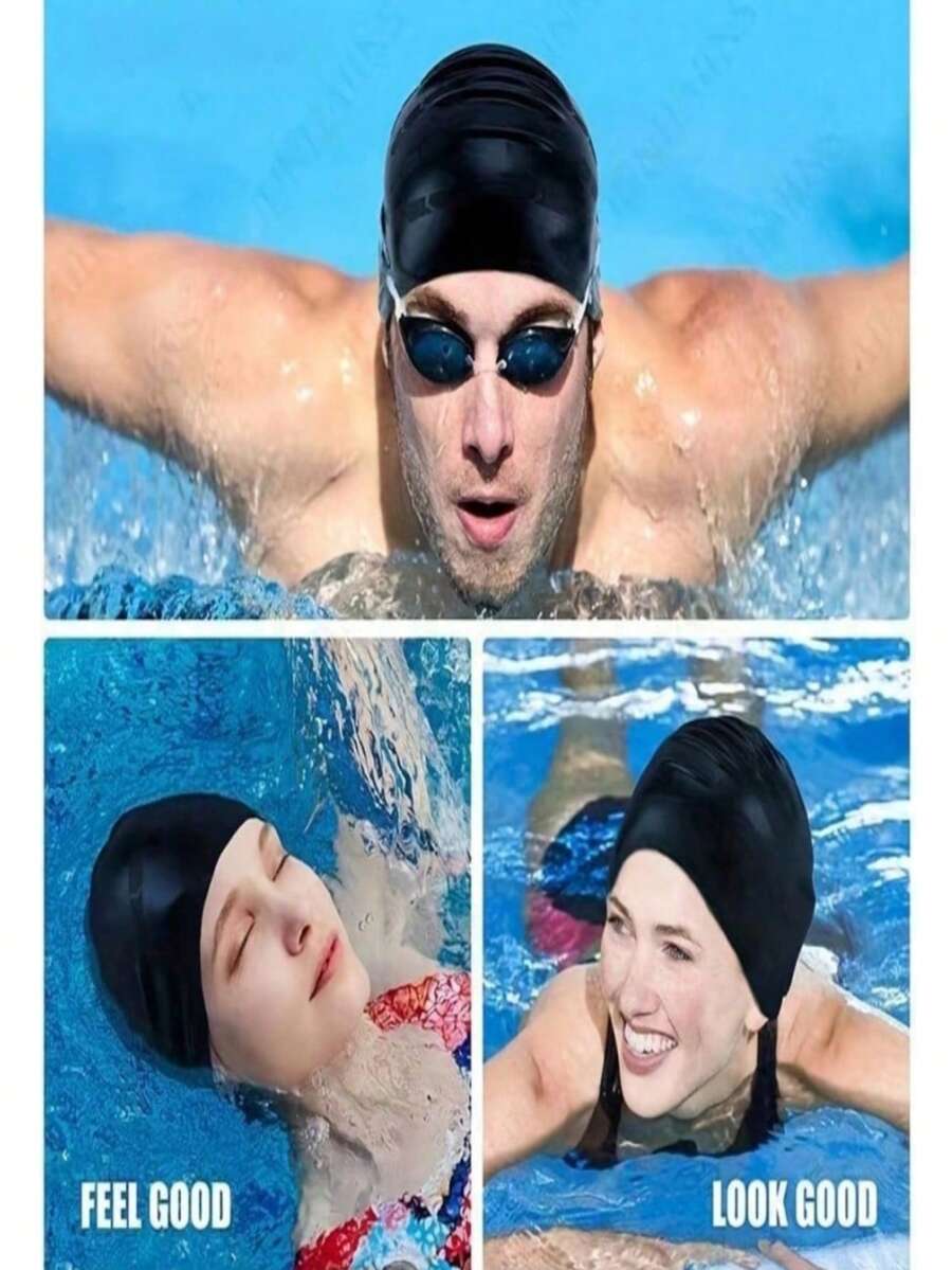 1pc Plus Size Silicone Swim Cap With Ear Protection, High Elasticity Waterproof Swim Cap For Long Hair Adults, Unisex