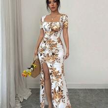 dahkjdgajy  Vestido de verano de manga corta para mujer, vestido de vacaciones con estampado digital, vestido de playa y vacaciones con bajo con abertura, vestido largo con fruncido en la cintura - Blanco y Negro - Ver 6